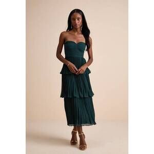 Lulus Seriously Sensational Emerald Strapless Tiered Midi Dress Green - Size M